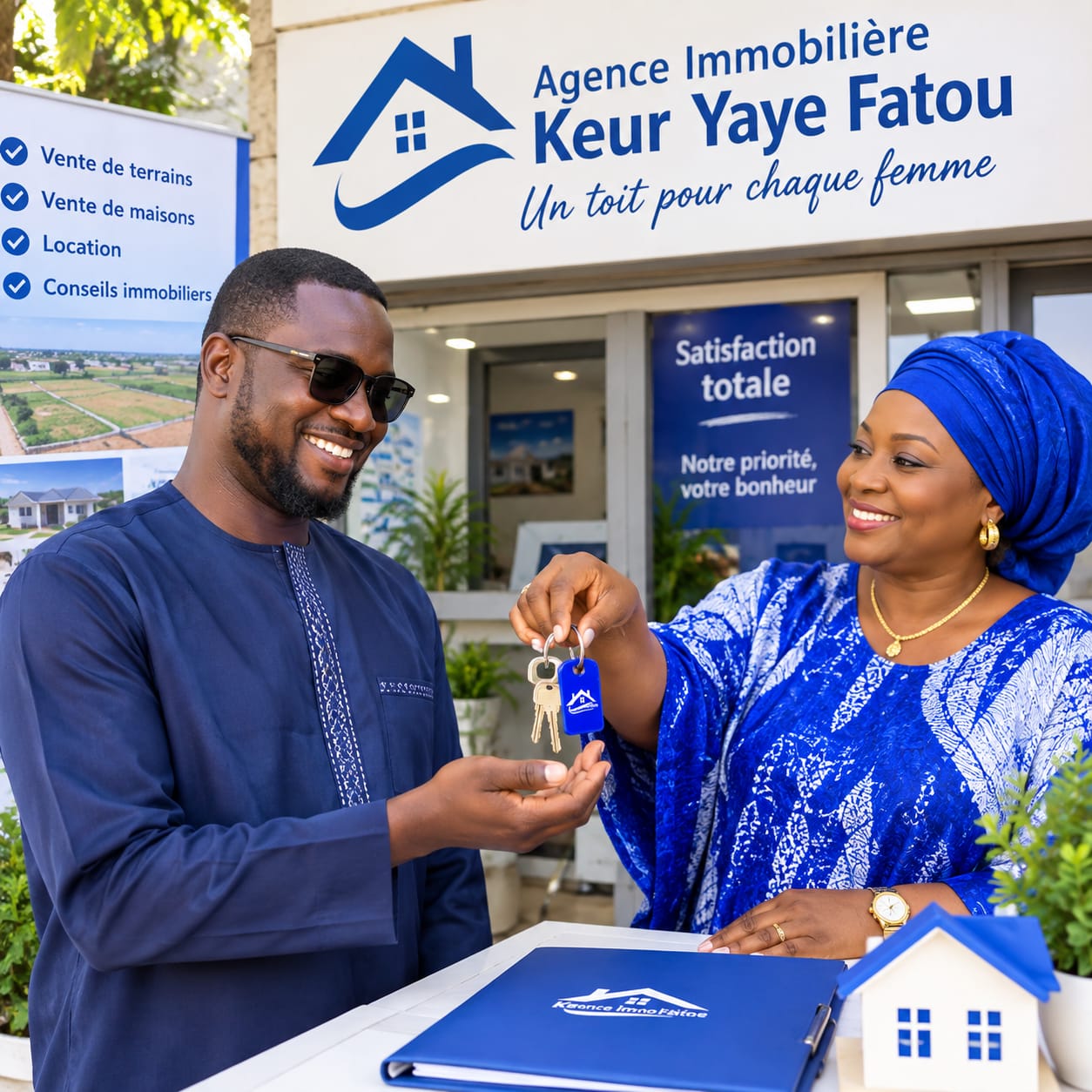 Remise des clés à un client devant l'agence Keur Yaye Fatou Immo